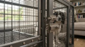 A view looking into the reinforced dog crate, highlighting the durable materials and comfortable bedding.