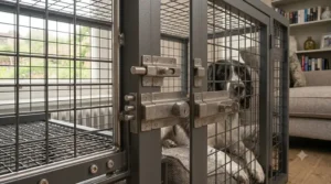 Close-up showing the key-operated locking mechanism for extra safety on the reinforced dog crate.
