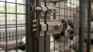 Close-up of the secondary security latch and main reinforced locking bolt on the dog crate door.