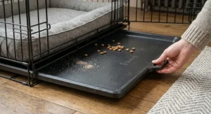 A sturdy, slide-out metal tray inside an indestructible dog crate for easy cleaning.