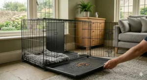 A hand sliding the durable, black plastic base tray out from the bottom of the wire crate, illustrating the process of easy cleaning.