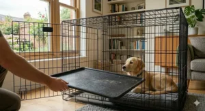 Removing the slide-out plastic tray from the base of the crate for easy cleaning.