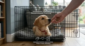 A close-up of a human hand giving a small reward treat to a golden retriever puppy inside its crate, emphasizing positive, reward-based training.