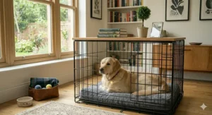 A safe, secure dog crate positioned in a home setting for pet training.
