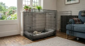 A close-up view of the smooth, scratch-resistant powder coating on a metal dog crate.
