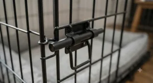 Close-up of the double-bolt latch on a heavy-duty, chew-proof dog crate.