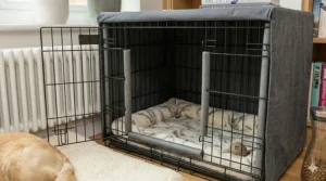 High-quality, machine-washable vet bedding inside a calming dog crate for comfort.