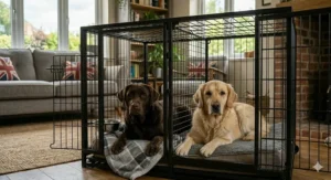 A close-up view of two large dogs sharing a comfortable and spacious metal dog crate