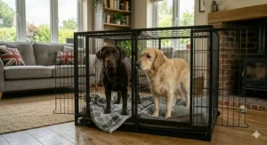 A chocolate Labrador and a golden retriever standing comfortably inside a large, airy dog cage