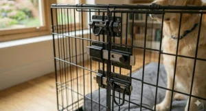 Secure multi-point locking mechanism on the heavy-duty metal dog crate.