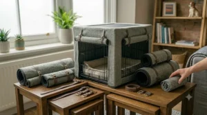 A range of covered dog crates shown in different sizes to suit various dog breeds.