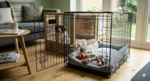 A high-quality furniture-style dog crate setup in a modern living room used for house training a puppy.