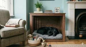 Bright, white-finished den style dog crate with a comfortable cushioned interior.