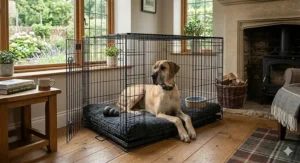 A Great Dane resting on a plush dark grey bed inside an open XXL dog crate, styled in a cosy British sitting room next to a stone fireplace, wood burner, and a traditional tartan rug.