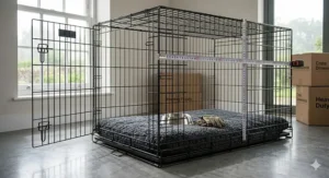A detailed product shot of an empty black metal XXL dog crate with the door open, featuring a measuring tape highlighting its height and width against a modern, neutral indoor backdrop.