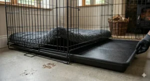A gloved hand sliding out the heavy-duty plastic base tray from an XXL dog crate, revealing muddy paw prints on the concrete floor next to it.