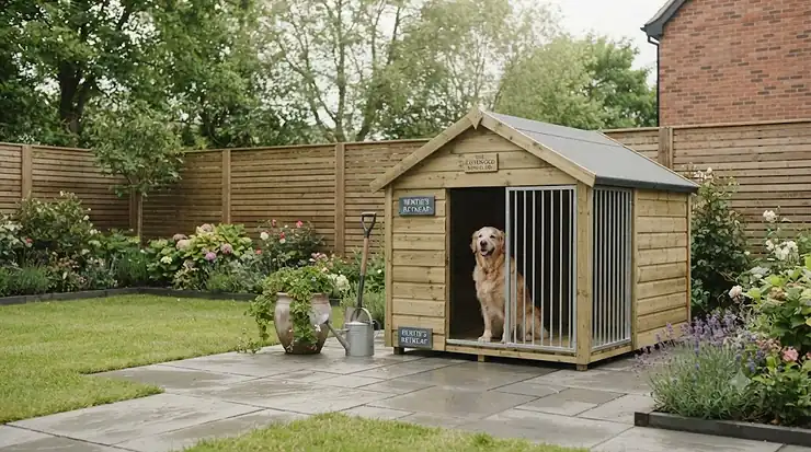 A side-by-side comparison of wooden apex roof and pent roof dog kennels installed in a British garden, highlighting design differences. apex roof vs pent roof dog kennel