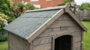 Side profile of an apex-style wooden dog kennel showing mineral felt roofing designed for efficient rainwater runoff.