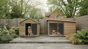 Comparison showing how apex and pent roof dog kennels complement traditional and modern UK garden aesthetics.