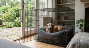 An elderly dog sleeping peacefully in a soft, quiet, and secure crate environment, perfect for recovery and comfort.