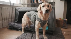 A dog using a lick mat to stay calm and occupied inside a recovery crate.