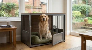 A practical, easy access dog crate positioned in a British home.
