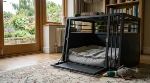 A collapsible low entry dog crate folded flat, demonstrating its space-saving design.