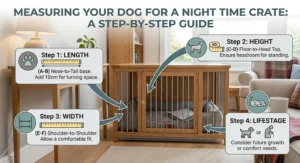 A soft, machine-washable bed placed inside a dog crate for night time to ensure a restful sleep for a puppy.