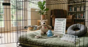 A close-up 4K photograph looking inside a black wire dog crate in a sunlit British living room, showcasing a setup of comfort items including soft bedding, a calming toy, and a printed recovery checklist card.