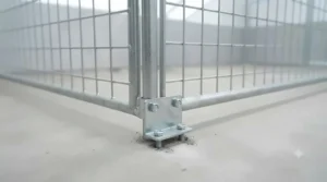 Ground anchoring brackets and fixings securing a metal dog run firmly to a concrete garden slab.