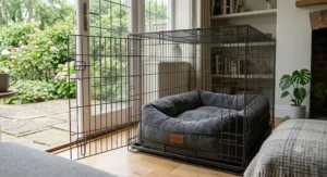 A comfortable dog crate setup featuring a warm herringbone throw to help soothe an arthritic dog’s stiff joints.
