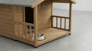 Detailed shot of the raised wooden veranda platform providing a dry resting area outside the kennel.