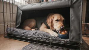 A partial crate cover creating a dark, secure space for a dog to rest after surgery.