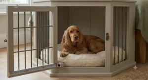 A visual size guide showing the correct dog crate measurements for different breeds to ensure a perfect fit in a bedroom.