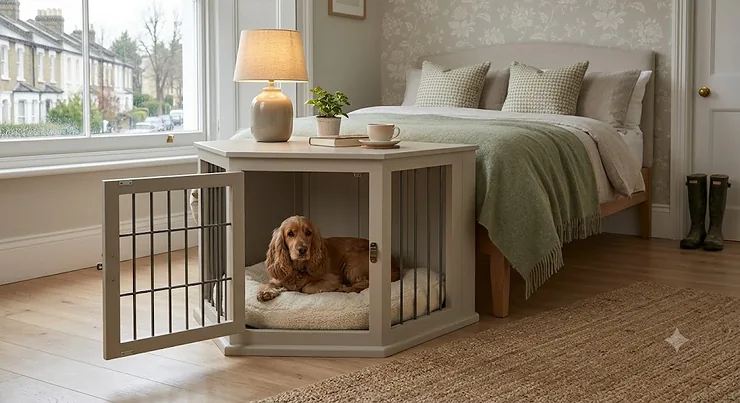 stylish dog crate positioned as a bedside table in a modern UK bedroom, featuring a cosy blanket and comfortable dog bed inside. dog crate for bedroom