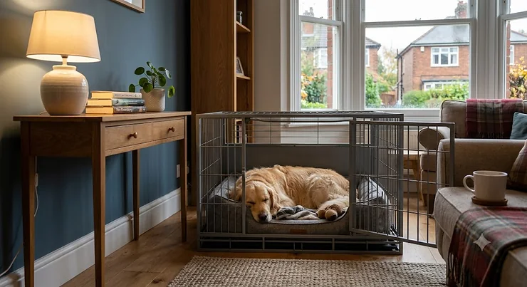 A golden retriever sleeping comfortably in a high-quality metal dog crate with plush bedding, designed as a perfect dog crate for night time use in a family home. dog crate for night time dog crate for night time