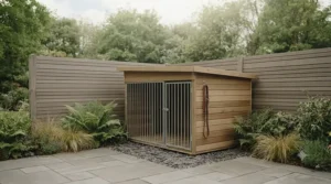 A compact pent roof dog kennel neatly fitted against a wooden garden boundary fence to save space in a typical UK backyard.