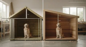 Interior diagram illustrating the extra vertical headroom provided by an apex roof dog kennel compared to a pent roof alternative.