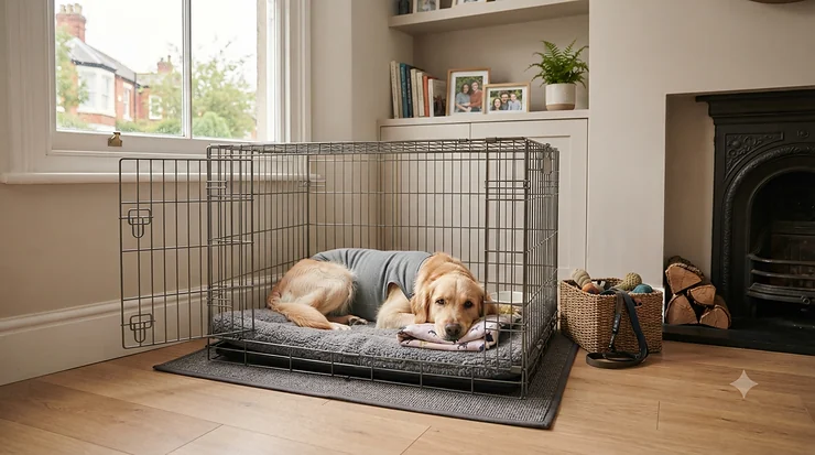 A calm dog resting in a wire crate with soft vet bedding, located in a quiet living room corner. dog recovery crate after surgery