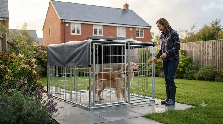 A secure outdoor dog run installed on a concrete base in a typical British suburban garden. dog runs under £300