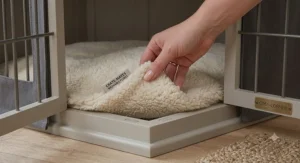 Detailed view of the high-quality, powder-coated metal finish and washable fleece lining on a durable bedroom dog crate.