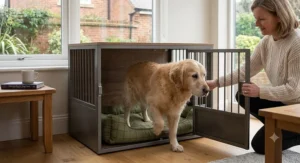 A large, easy access dog crate being used by an older dog, with a person assisting the entry to show accessibility.
