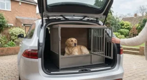 A portable easy access dog crate positioned in the boot of a car for safe pet travel.