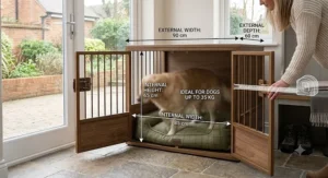 A size comparison graphic showing the internal dimensions and weight capacity of an easy access dog crate for different dog breeds.