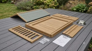 Flat-pack wooden panels and pre-drilled parts ready for easy assembly of the outdoor dog kennel.