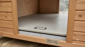 Removable floor panel inside an insulated wooden dog kennel for easy cleaning.