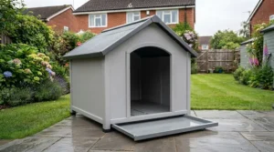 An easy-to-clean grey plastic weatherproof dog kennel with a wide-opening front entrance for simple garden maintenance.