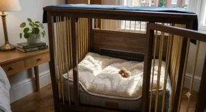 Demonstrating the removable base tray of a dog crate for night time, making hygiene and cleaning quick for UK pet owners.