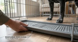 Demonstrating the removable, easy-clean tray feature of a senior-friendly dog crate.