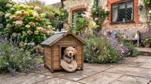 A simple flat-pack wooden dog kennel that is easy to assemble in the garden, costing under £150.